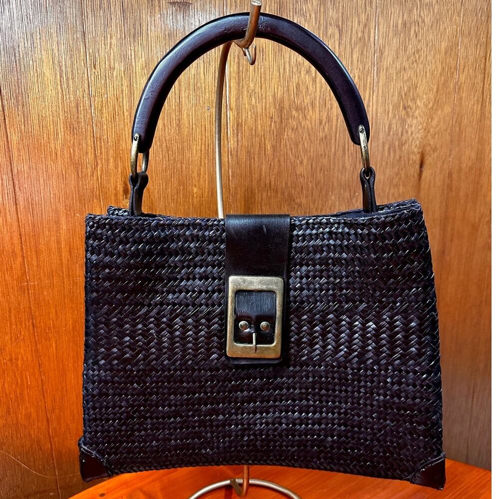 Vintage Black Straw Bag with Wooden Handle and Leather Accents